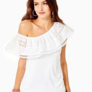 Lilly Pulitzer Tracee One-Shoulder Blouse Top Eyelet Embroidered Cotton L